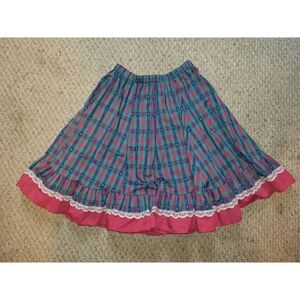 Vintage 70s Full Skirt Square Dancing Plaid Pink Blue Lace‎ Western Rockabilly M